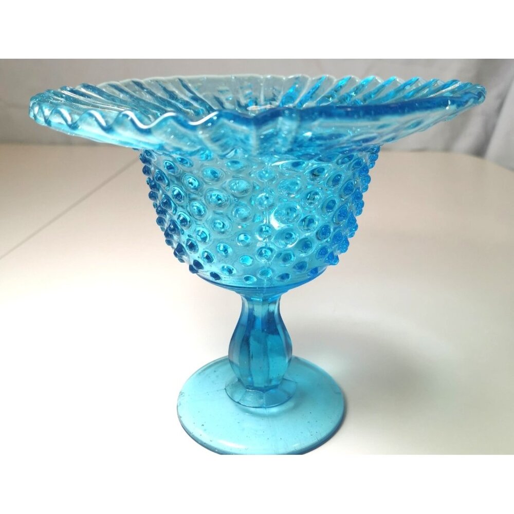 Blue Ruffle Hobnail Compote Dish Fenton Art Glass UV Reactive Circa 1940s